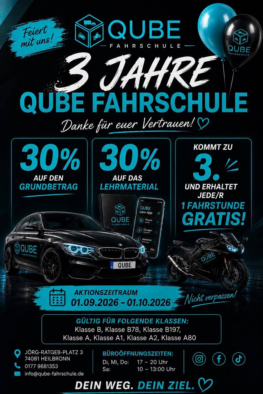 Fahrschule Qube - 3 Jahre in Heilbronn Sontheim - spare jetzt bei deiner Anmeldung